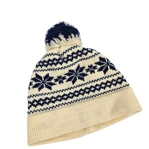 Fair Isle Snowflake Knit Beanie Pom Pom Hat Navy Cream Winter‎ Warm Wool Blend